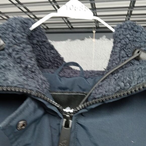 Sam Edelman Coat Womens Medium Navy Blue Mid Length Down Parka Jacket Fur Hood - Picture 9 of 9